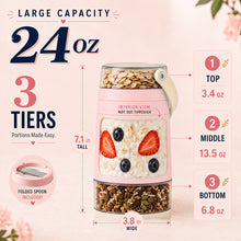 Load image into Gallery viewer, KitchenPrima Large 24oz 3-Tier Overnight Oats Container Set with Spoon and Handle, Pink